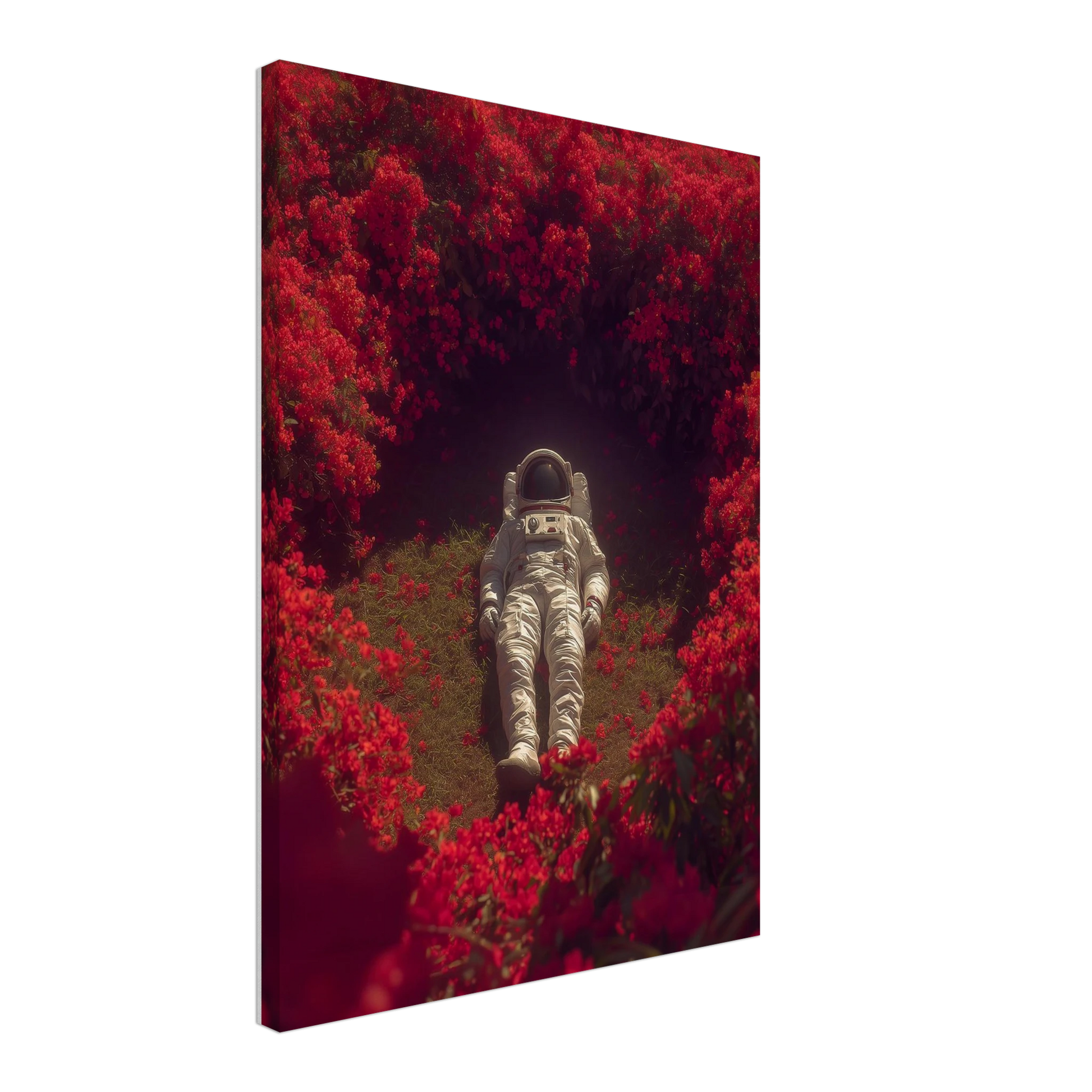 Surreal space art canvas featuring an astronaut resting in a crimson garden, highlighting the blend of humanity and nature.