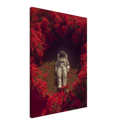 Surreal space art canvas featuring an astronaut resting in a crimson garden, highlighting the blend of humanity and nature.