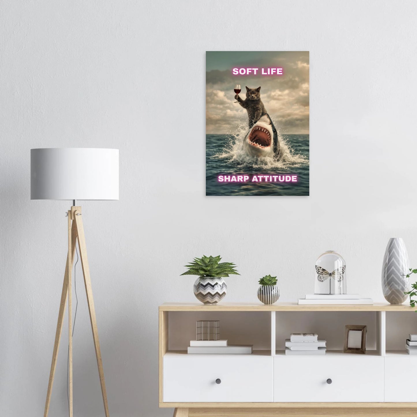 Funny Cat & Shark Poster – Cat with wine on a shark, soft life sharp attitude wall art on museum-quality matte paper.
