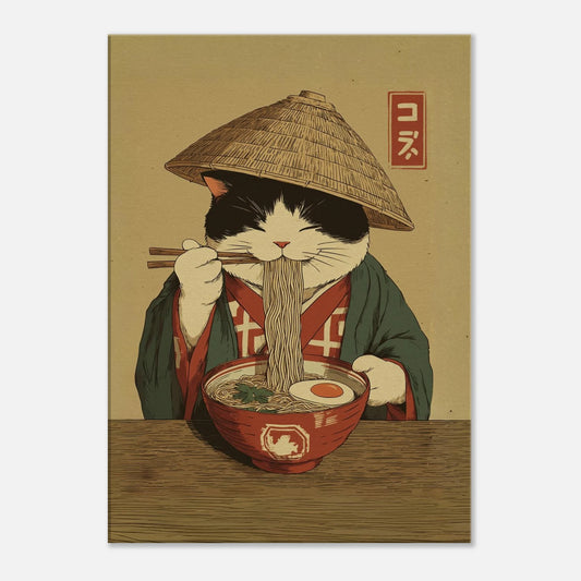 Ramen Cat Canvas featuring Japanese-style cat art with a cozy noodle illustration of a cat in traditional clothing.