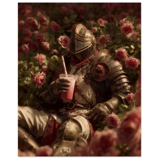 The Gentle Knight in Bloom: armored knight resting with drink among roses