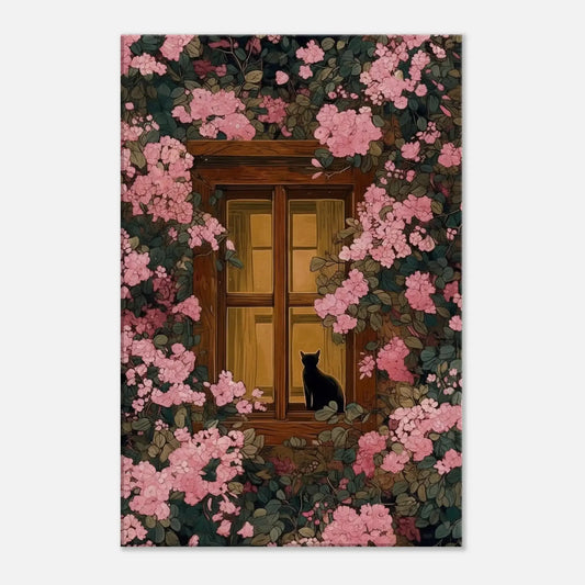 Pink Blossom Window Cat Canvas featuring a serene black cat by a glowing window, surrounded by lush pink blossoms and soft greenery.