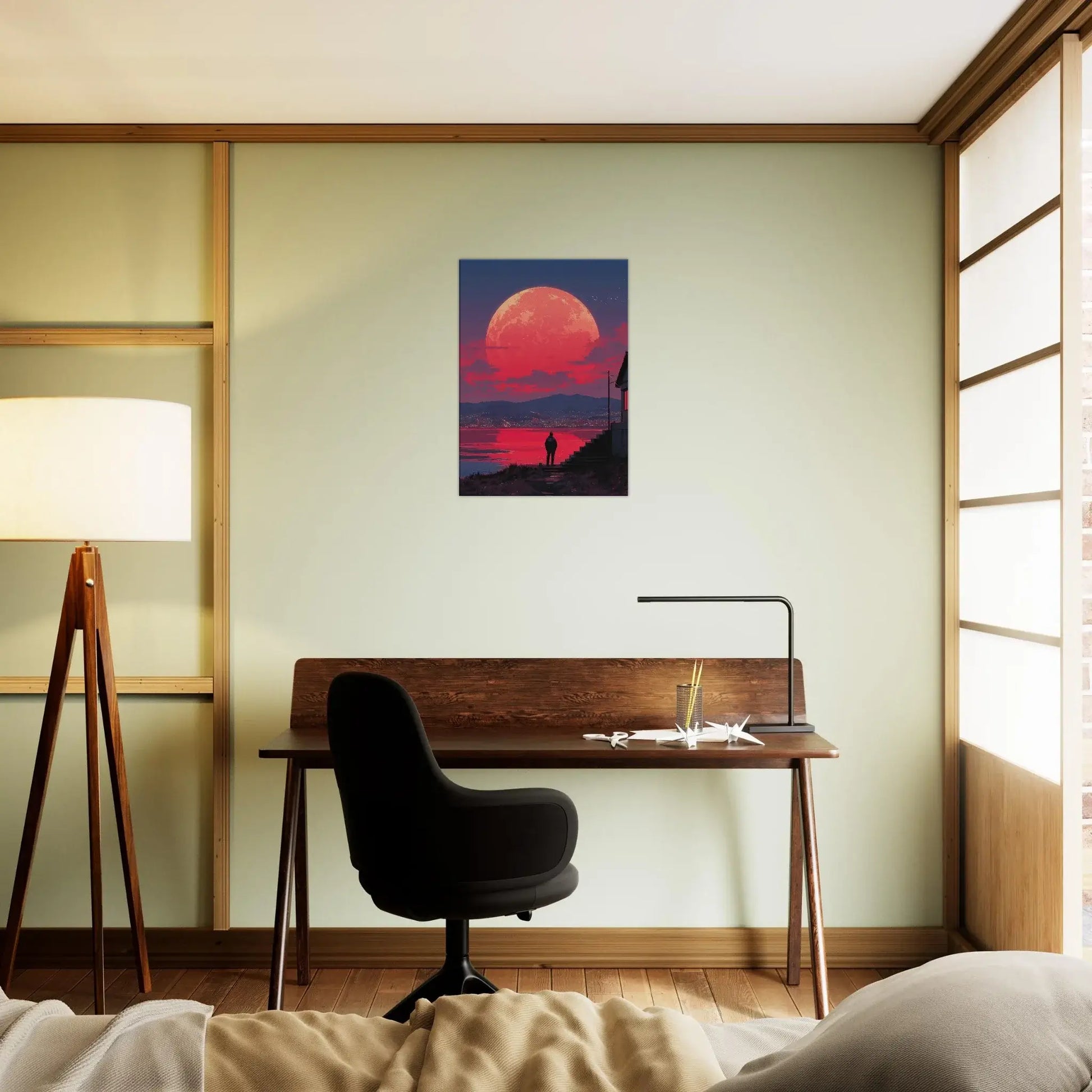 Crimson Moon Over the Sea canvas art in a modern office setting with a large crimson moon rising over calm waters, evoking solitude.