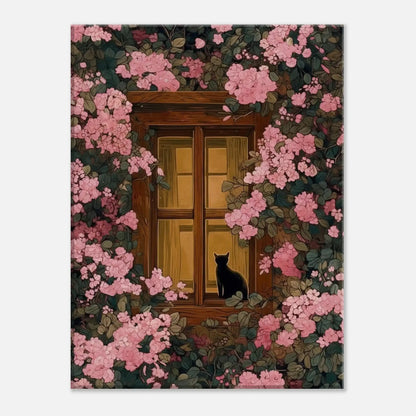 Pink Blossom Window Cat Canvas - Black cat by window with pink blossoms, cozy floral wall art, serene home decor.