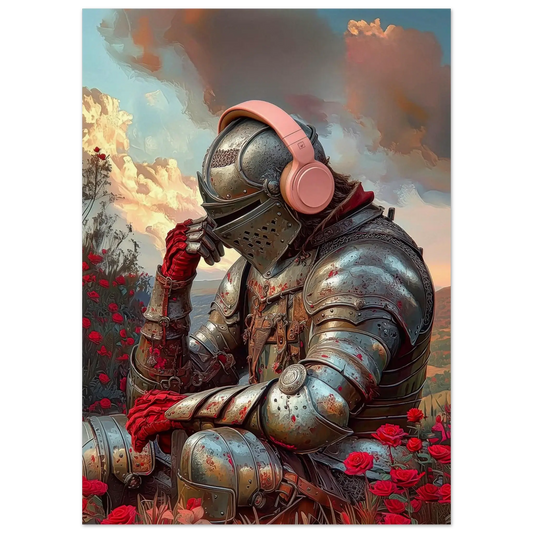The Knight of Silence – Surreal medieval art print of armored knight with headphones, surrounded by red roses for emotional wall art.