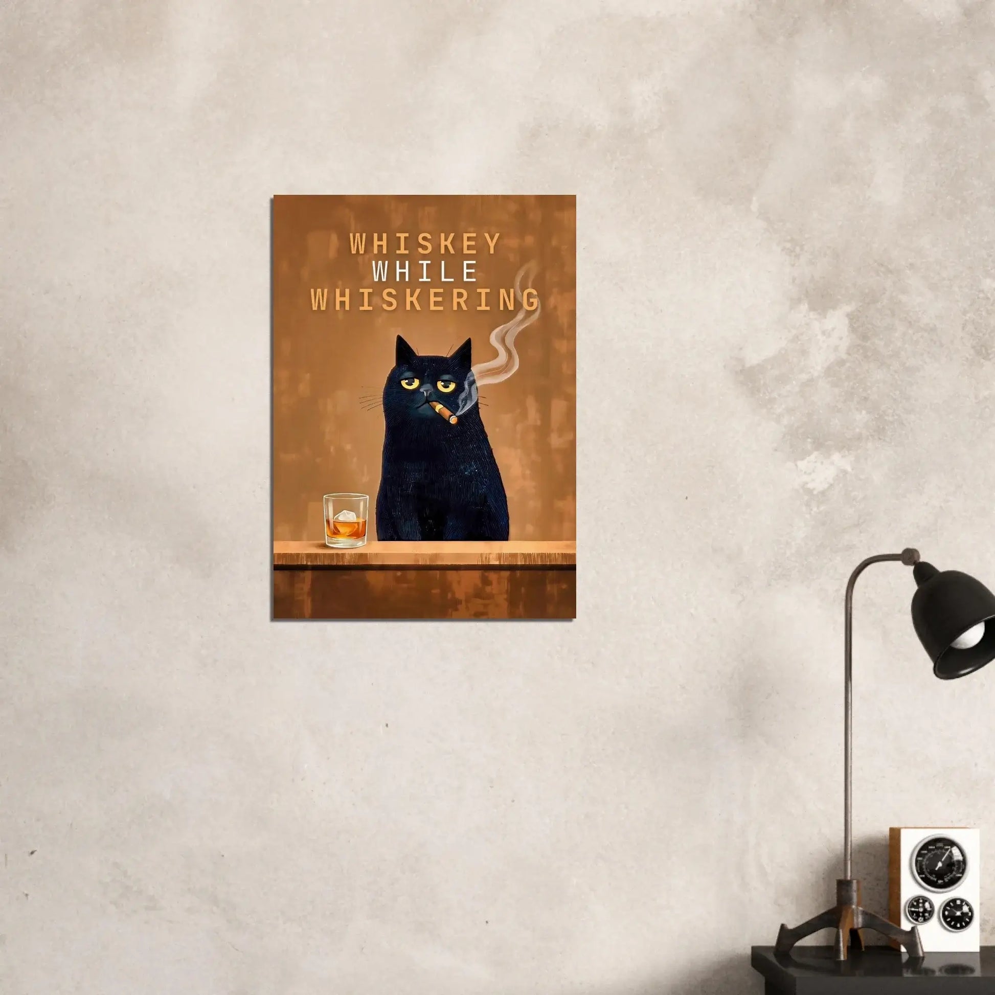 Vintage Cat Bar Poster featuring a cat with a whiskey glass titled 'Whiskey While Whiskering', perfect for home bars and man caves.