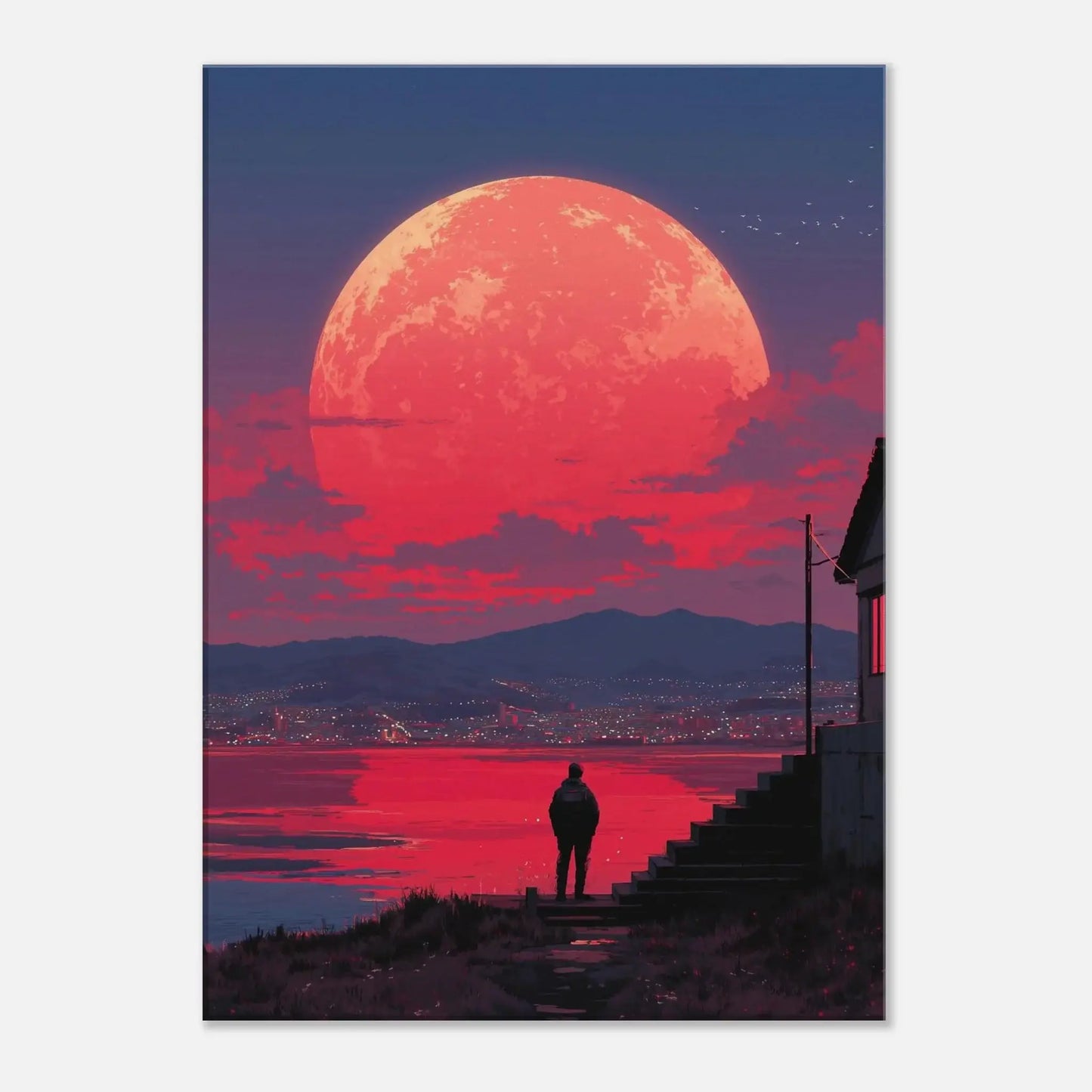 Crimson Moon Over the Sea canvas art with a large red moon reflecting over calm waters, ideal for atmospheric interiors.