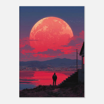 Crimson Moon Over the Sea canvas art with a large red moon reflecting over calm waters, ideal for atmospheric interiors.