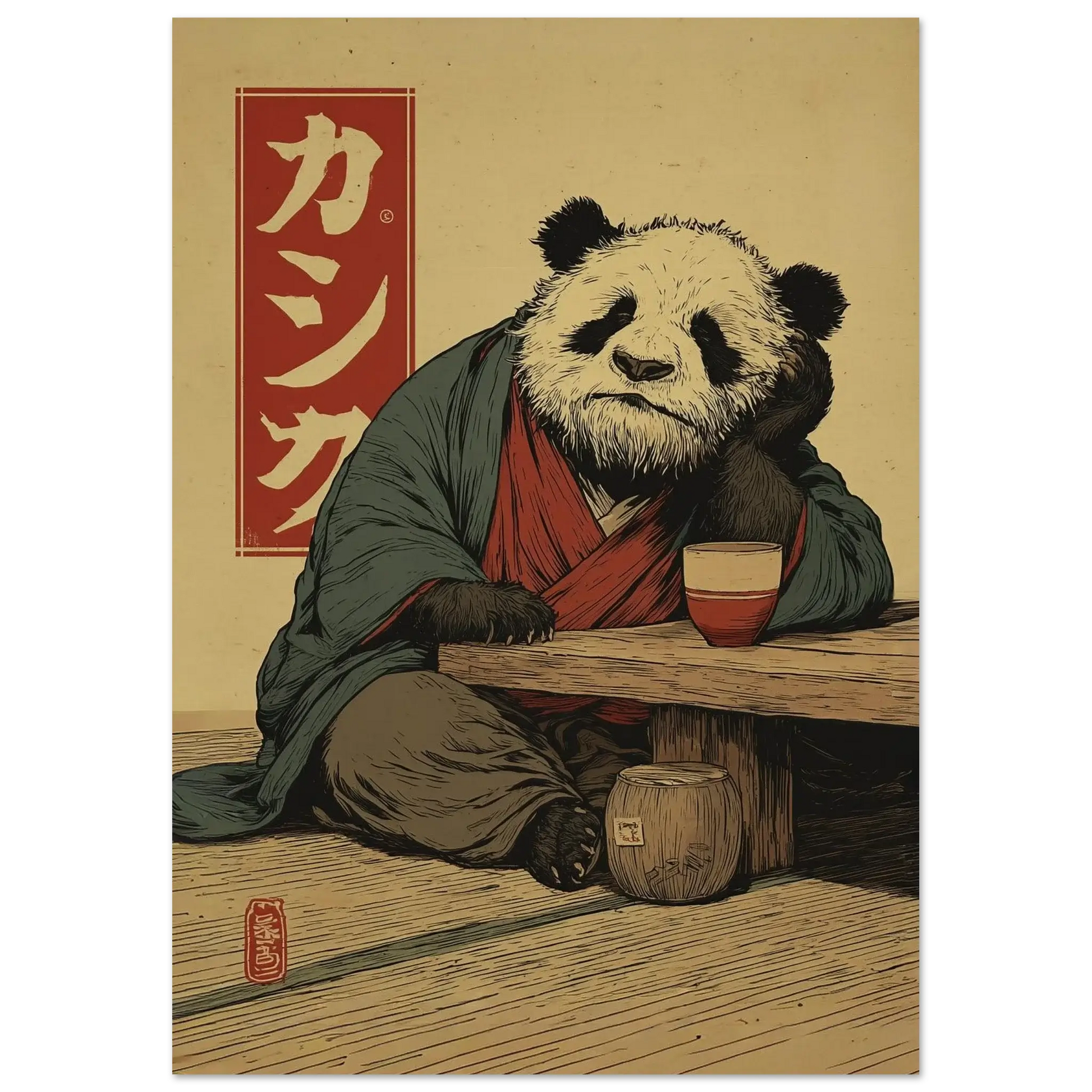 Japanese Ukiyo-e Inspired Wall Art featuring a Zen Panda in traditional attire, creating a peaceful and calming atmosphere.