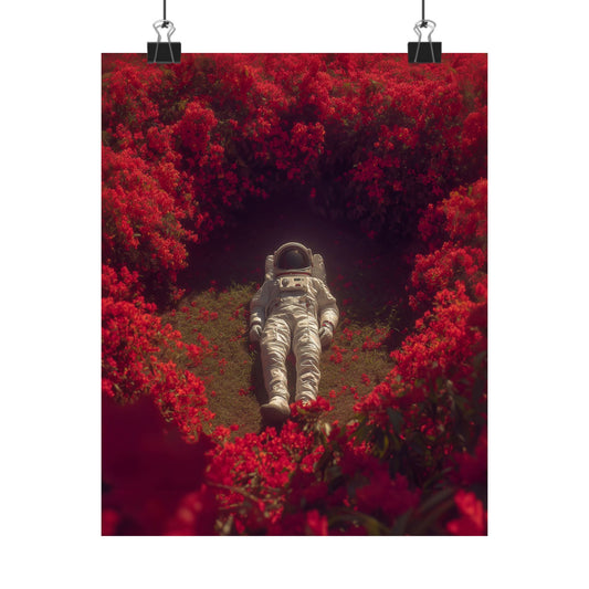 Astronaut resting among vibrant red flowers in a surreal space poster print.