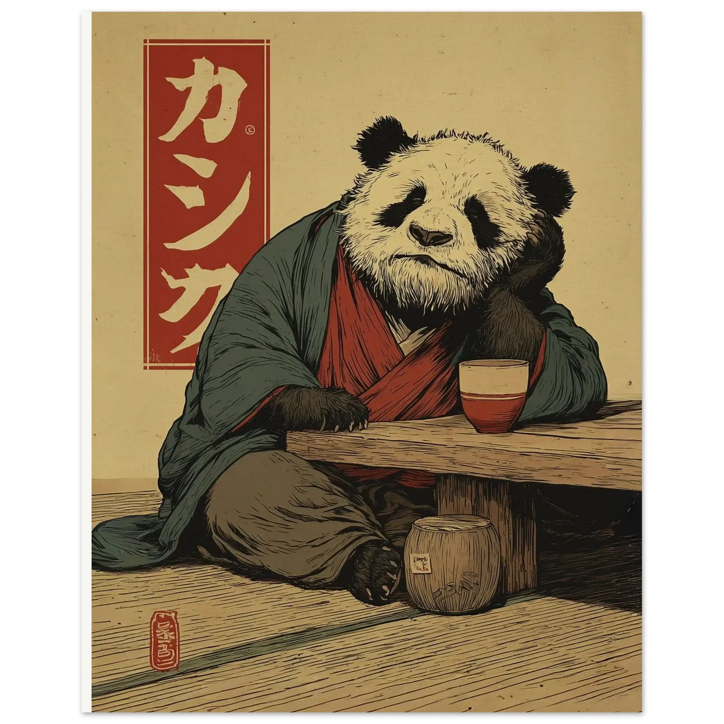 Japanese Ukiyo-e Inspired Wall Art – Zen Panda Poster in traditional clothing, exuding calmness and humor. A perfect minimalist decor.