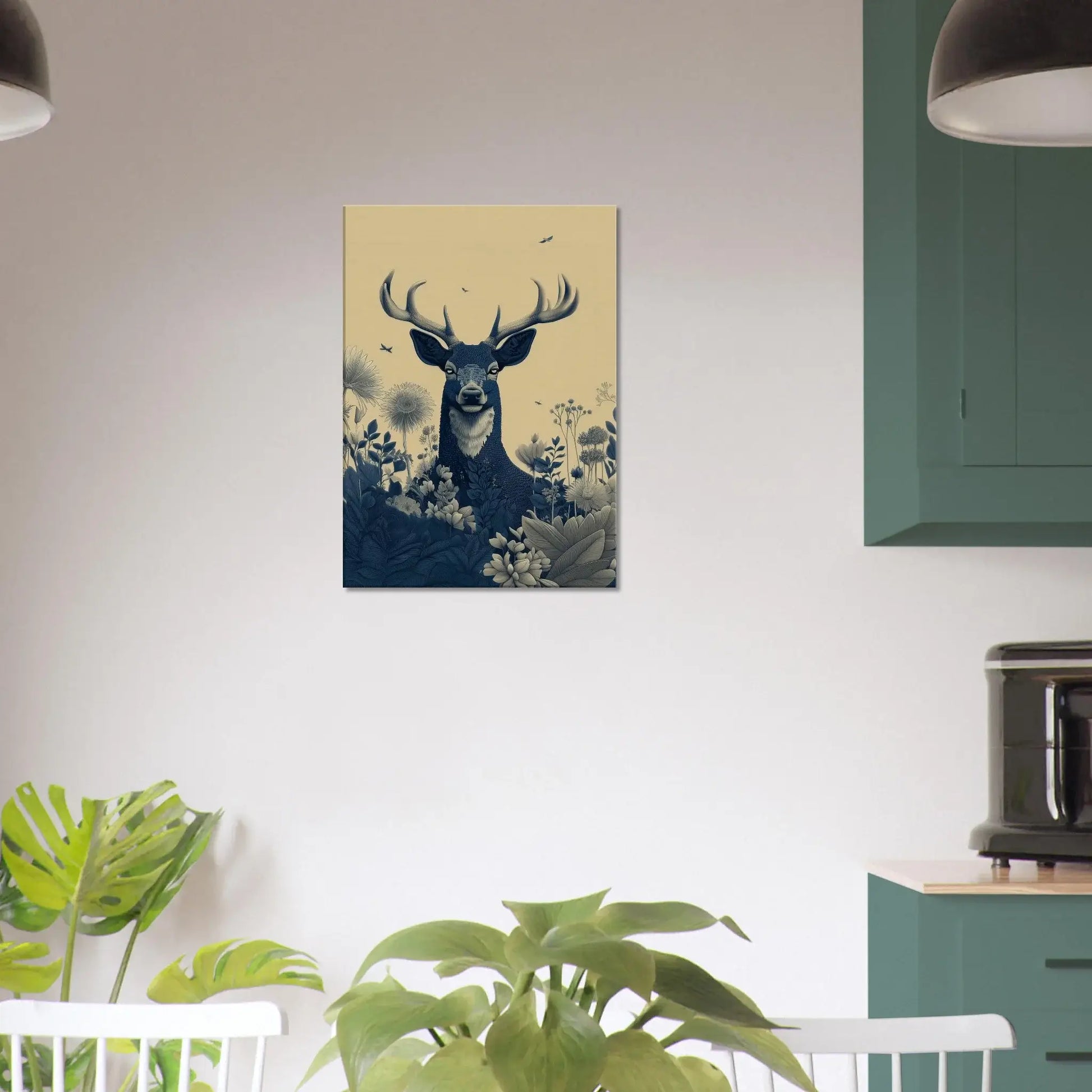 Majestic Stag in Bloom – Minimalist nature canvas in modern home setting