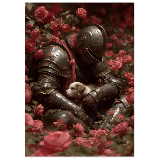 Surreal medieval love poster featuring a gentle knight in armor cradling a dog among roses, blending fantasy and romanticism.