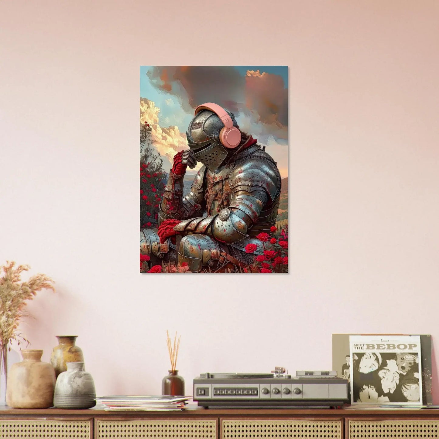 Surreal medieval art print "The Knight of Silence" depicting an introspective armored knight among red roses, wearing headphones.