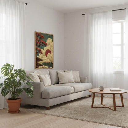 Japanese Zen Landscape Poster of Mount Fuji with sunrise displayed in minimalist living room decor.