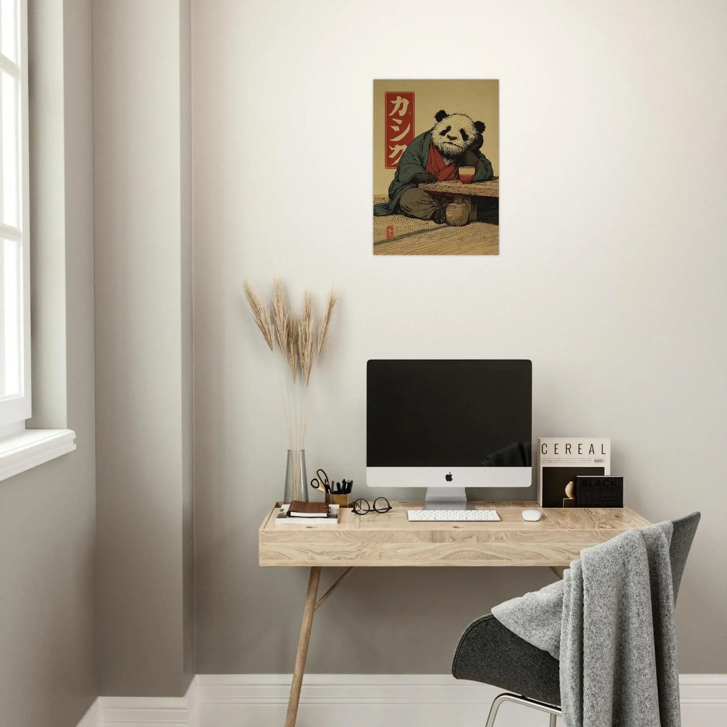 Japanese Ukiyo-e Inspired Wall Art – Zen Panda Poster in a minimalist home office setting.