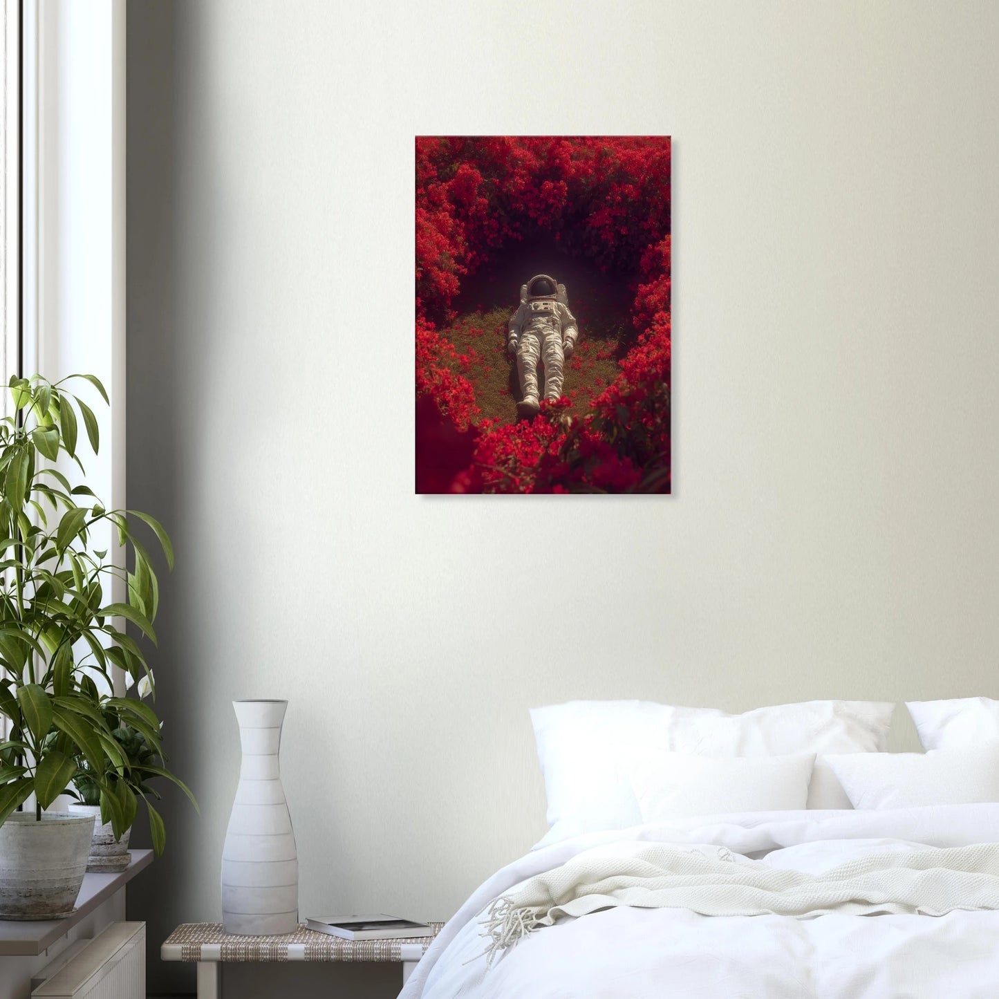 Surreal space art canvas featuring an astronaut in a crimson garden, adding wonder and beauty to modern interiors.