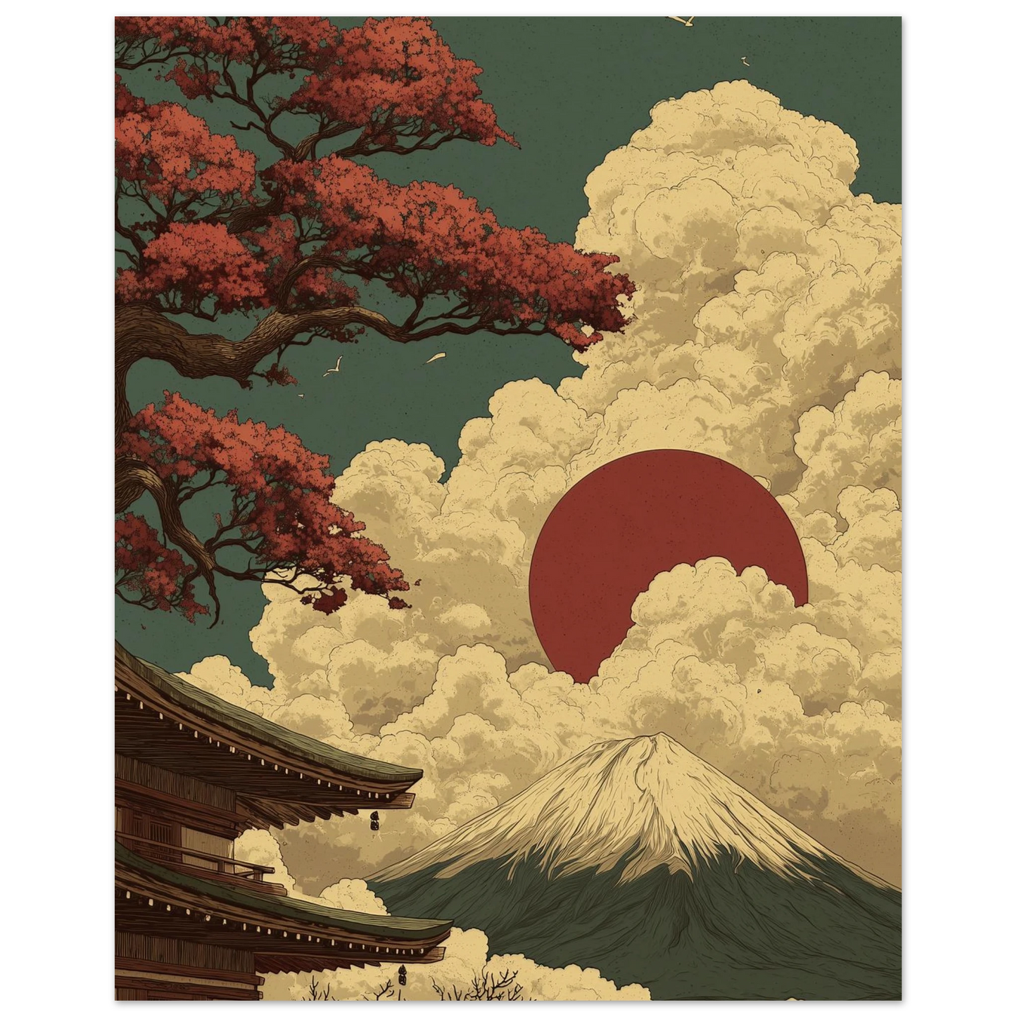 Japanese zen landscape poster featuring Mount Fuji and rising sun, evoking tranquility with Asian aesthetics and minimalist design.