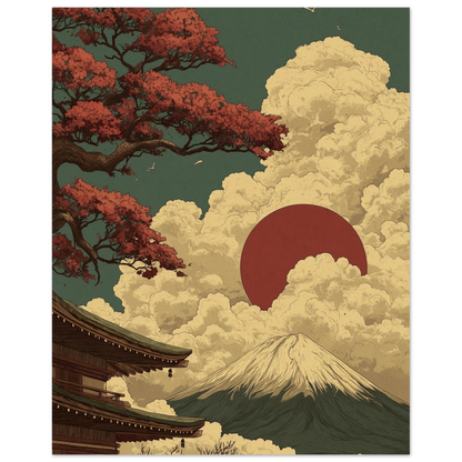 Japanese zen landscape poster featuring Mount Fuji and rising sun, evoking tranquility with Asian aesthetics and minimalist design.