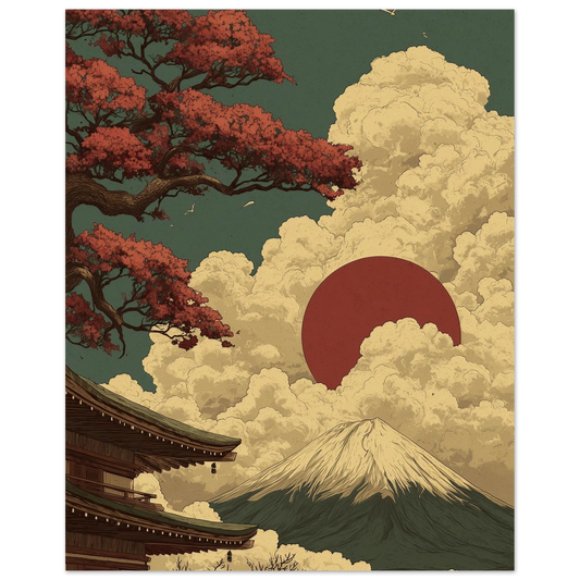 Japanese zen landscape poster featuring Mount Fuji and rising sun, evoking tranquility with Asian aesthetics and minimalist design.