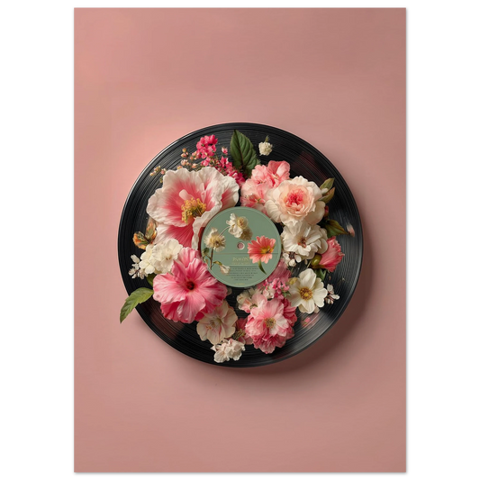 Floral Vinyl Art: Vintage record with pink and white flowers on a pastel background, symbolizing nature and music harmony.