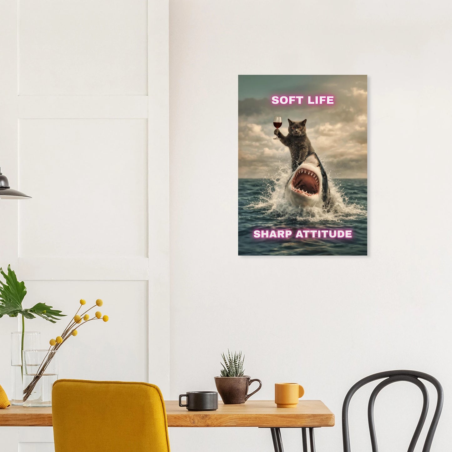 Funny Cat & Shark Poster – Cat rides shark with wine, soft life, sharp attitude, humorous decor on matte paper for stylish spaces.
