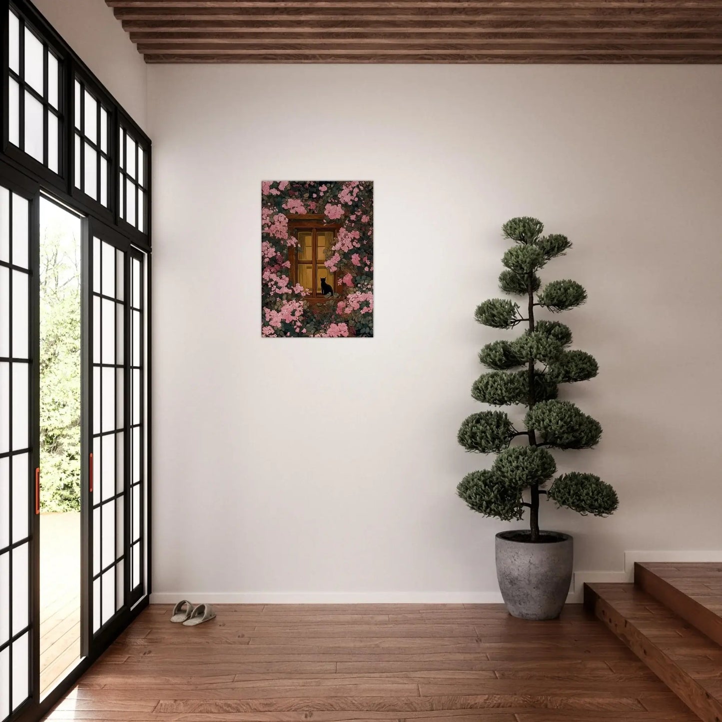 Pink Blossom Window Cat Canvas - black cat by window with pink blossoms and greenery, cozy floral wall art