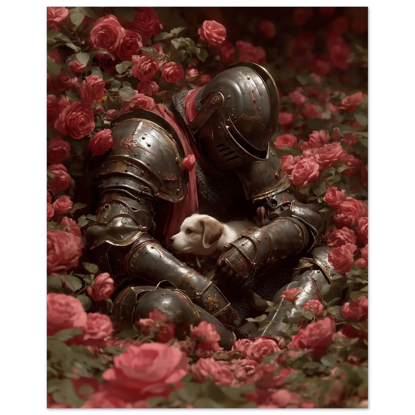 Surreal medieval love poster featuring a knight in armor with a white dog among crimson roses, blending romance and fantasy.