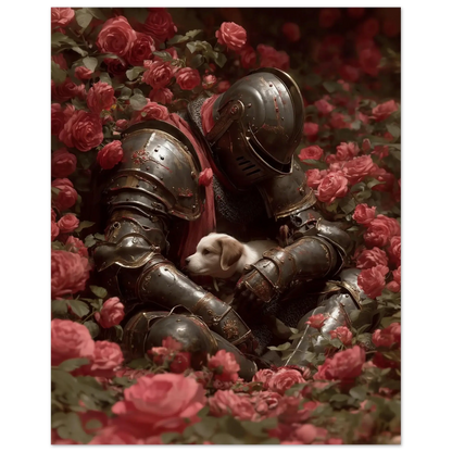 Surreal medieval love poster featuring a knight in armor with a white dog among crimson roses, blending romance and fantasy.