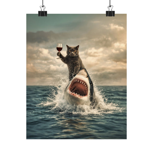 Cat Riding Shark Poster – Funny Surreal Wall Art | Cat with Wine Glass