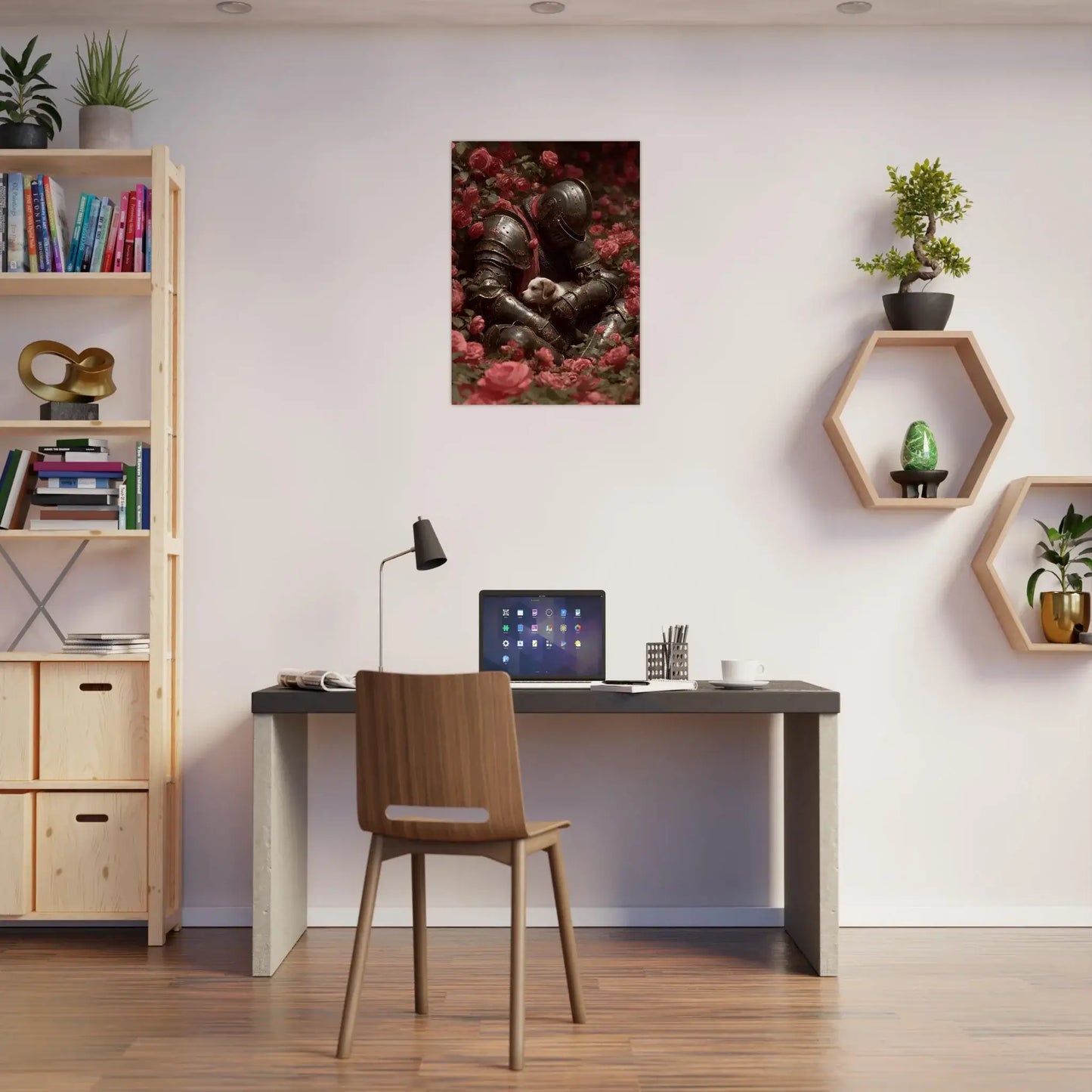 Surreal medieval love poster featuring a knight with roses and a white dog, blending dark fantasy and romantic symbolism for modern interiors.