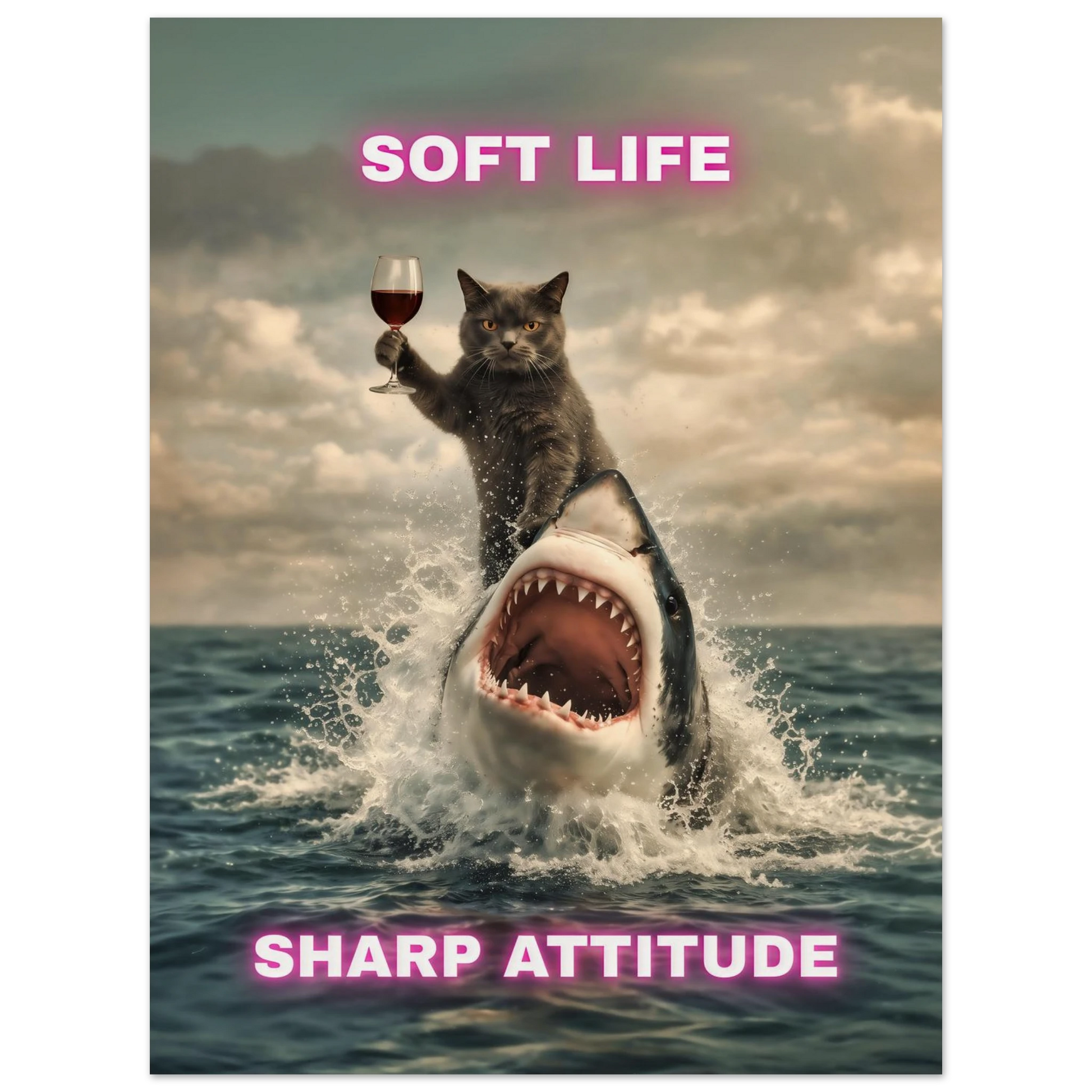 Funny Cat & Shark Poster with a cat riding a shark, wine glass in hand, embodying soft life and sharp attitude in humorous style.