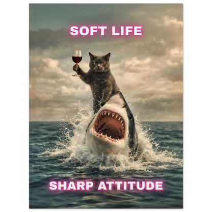 Funny Cat & Shark Poster with a cat riding a shark, wine glass in hand, embodying soft life and sharp attitude in humorous style.
