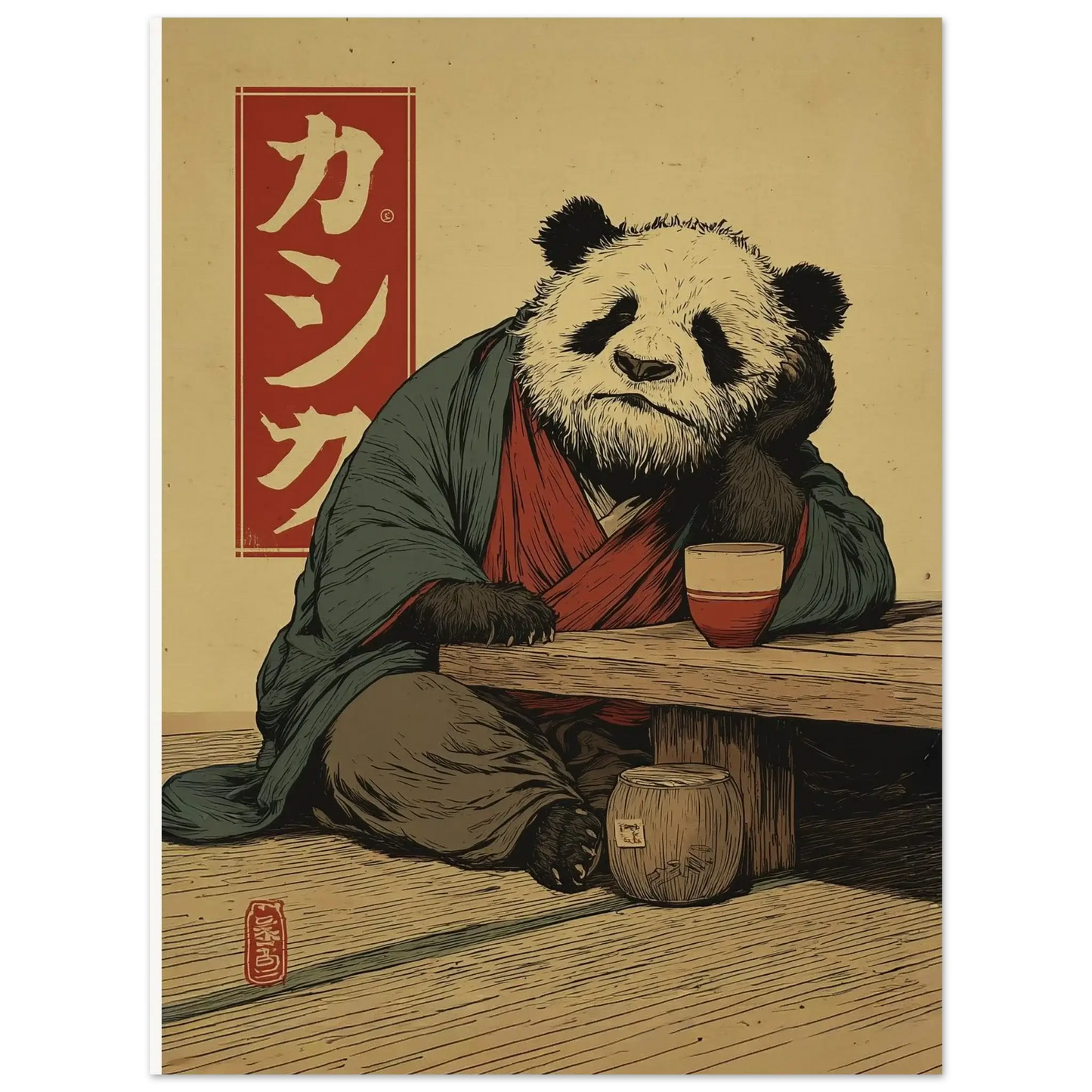 Japanese Ukiyo-e Inspired Wall Art - Zen Panda Poster sitting pensively with traditional elements, adding calmness to any room.