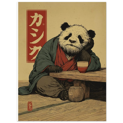 Japanese Ukiyo-e Inspired Wall Art - Zen Panda Poster sitting pensively with traditional elements, adding calmness to any room.