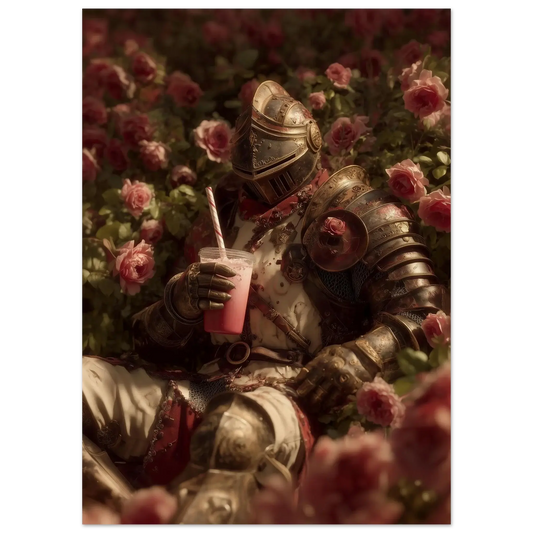 The Gentle Knight in Bloom resting in roses with a drink, surreal medieval art