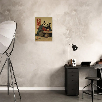 Japanese Ukiyo-e Inspired Wall Art – Zen Panda Poster in minimalist room with desk and lamp