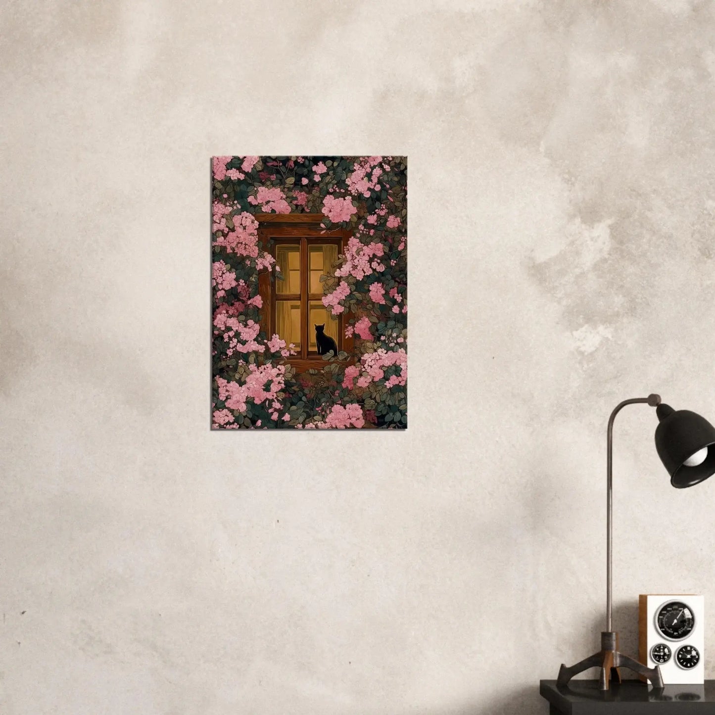 Pink Blossom Window Cat Canvas, cozy floral wall art featuring a black cat, glowing window, and lush pink blossoms, perfect for serene decor.