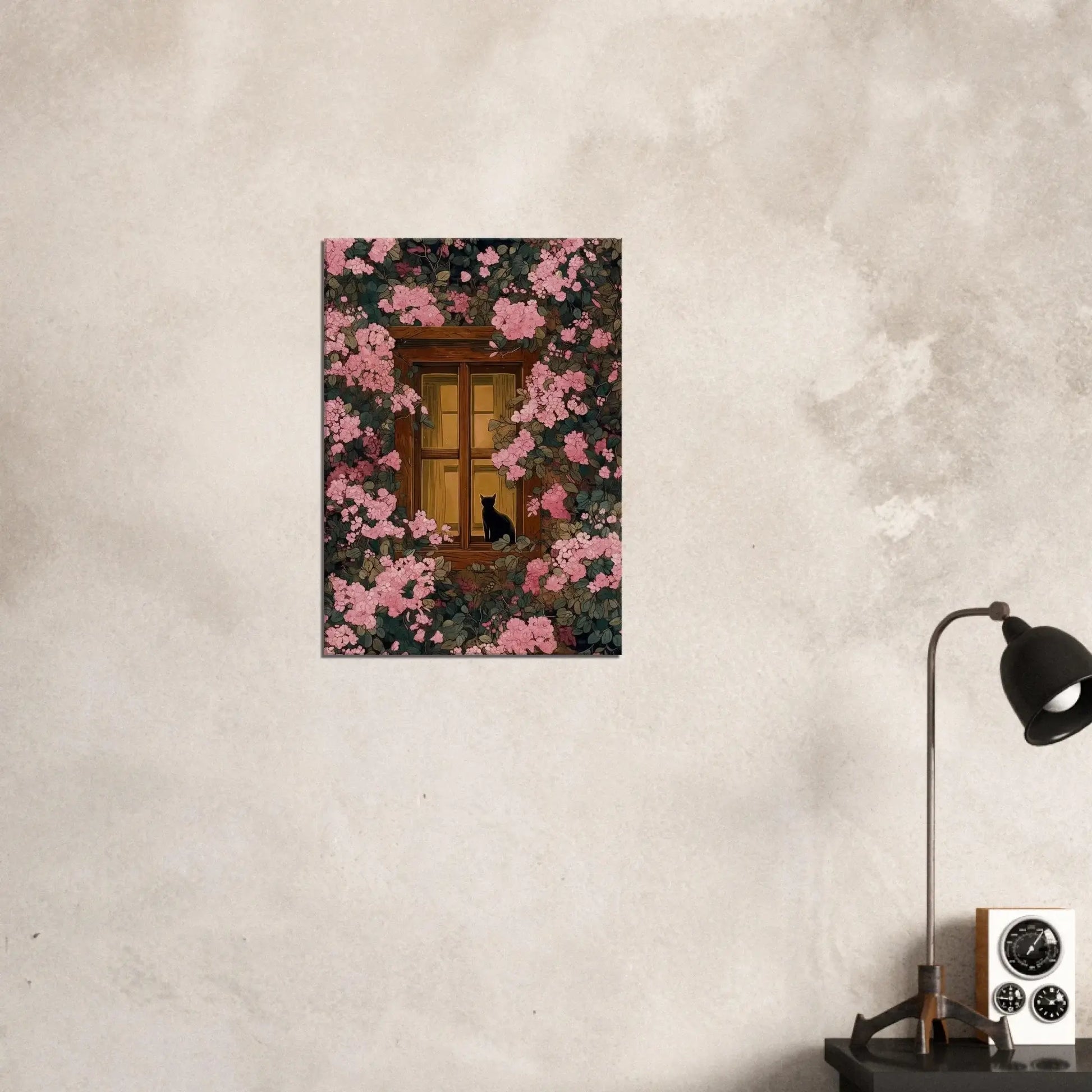 Pink Blossom Window Cat Canvas, cozy floral wall art featuring a black cat, glowing window, and lush pink blossoms, perfect for serene decor.