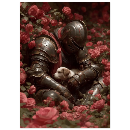 Surreal medieval love poster featuring a gentle knight in armor with a white dog amidst red roses, blending romance and fantasy.