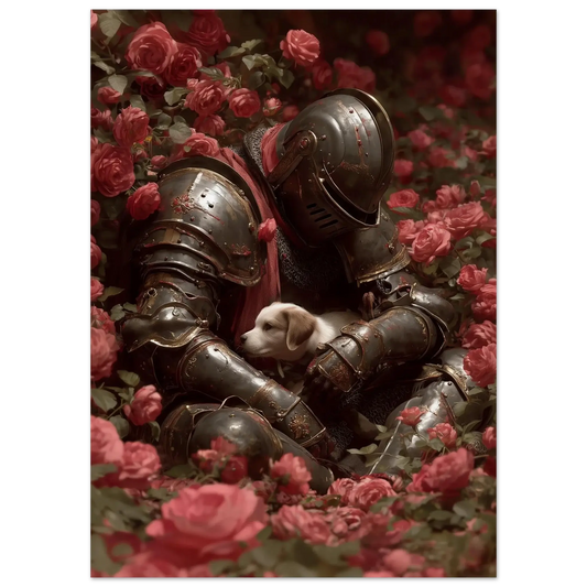 Surreal medieval love poster featuring a gentle knight in armor with a white dog amidst red roses, blending romance and fantasy.