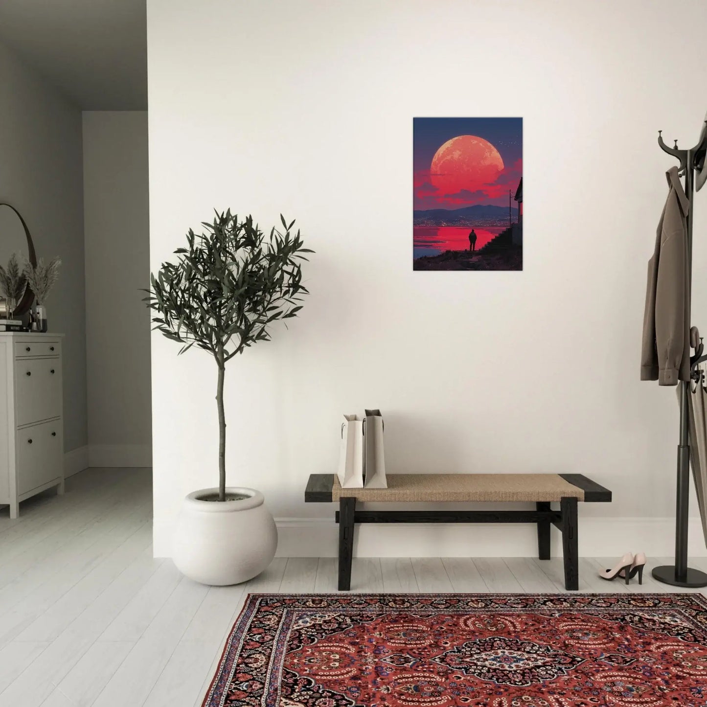 Crimson Moon Over the Sea canvas art displayed in modern living room setting.