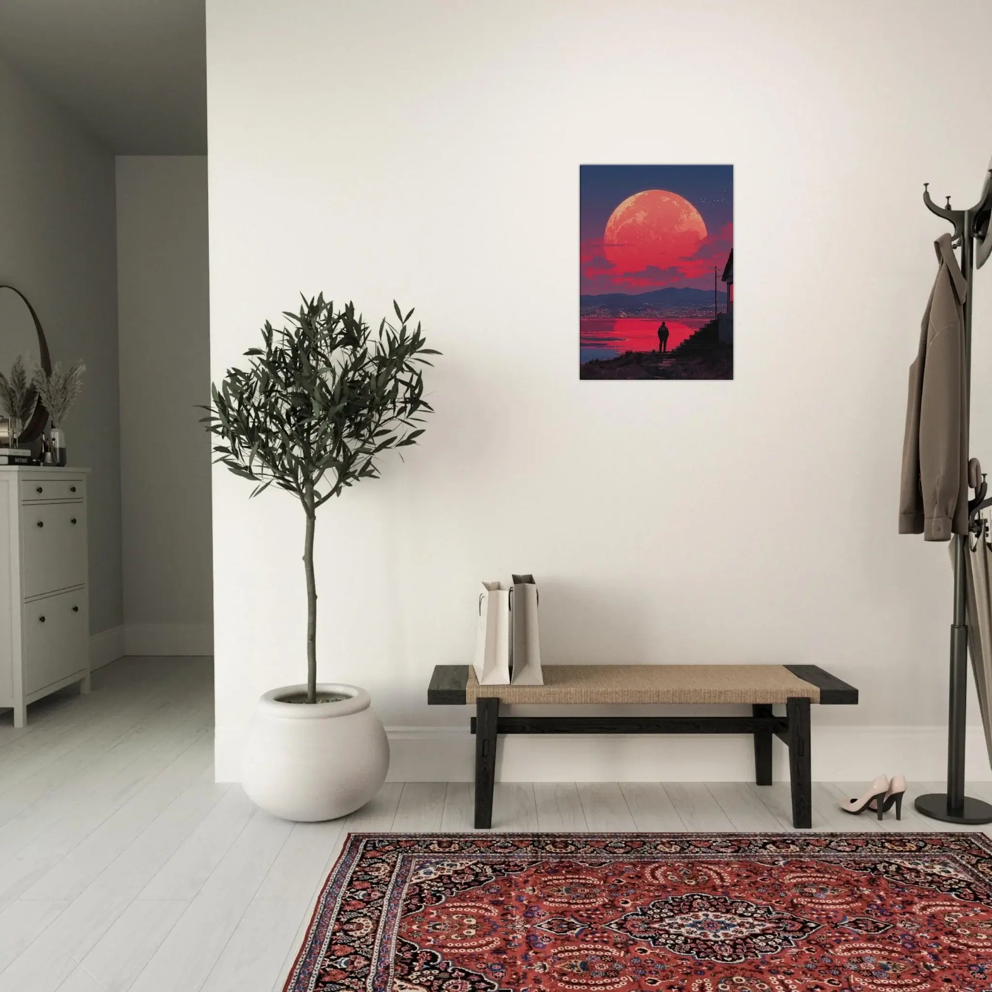 Crimson Moon Over the Sea canvas art displayed in modern living room setting.