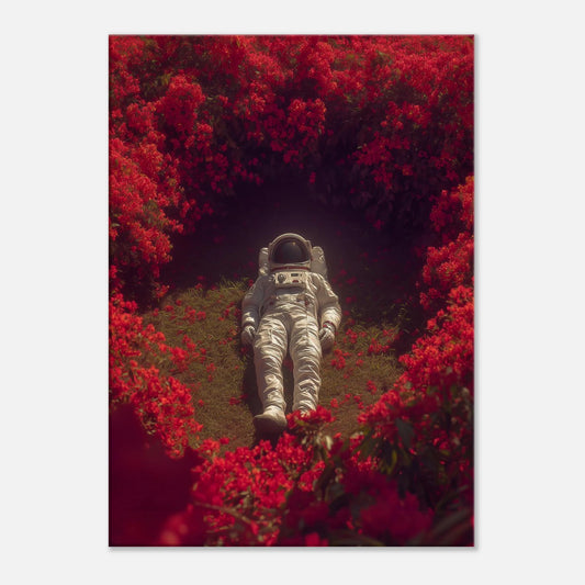 Surreal space art canvas featuring an astronaut in a vibrant crimson garden, blending nature with cosmic wonder for modern interior decor.