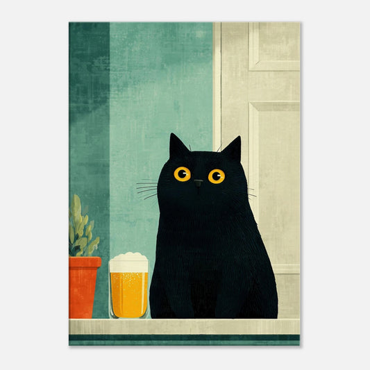 Black Cat & Beer Canvas Art featuring a black cat with golden eyes next to a beer glass on a minimalist background.