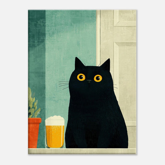 Black Cat & Beer Canvas Art featuring a playful black cat beside a beer glass, blending humor with minimalist design.