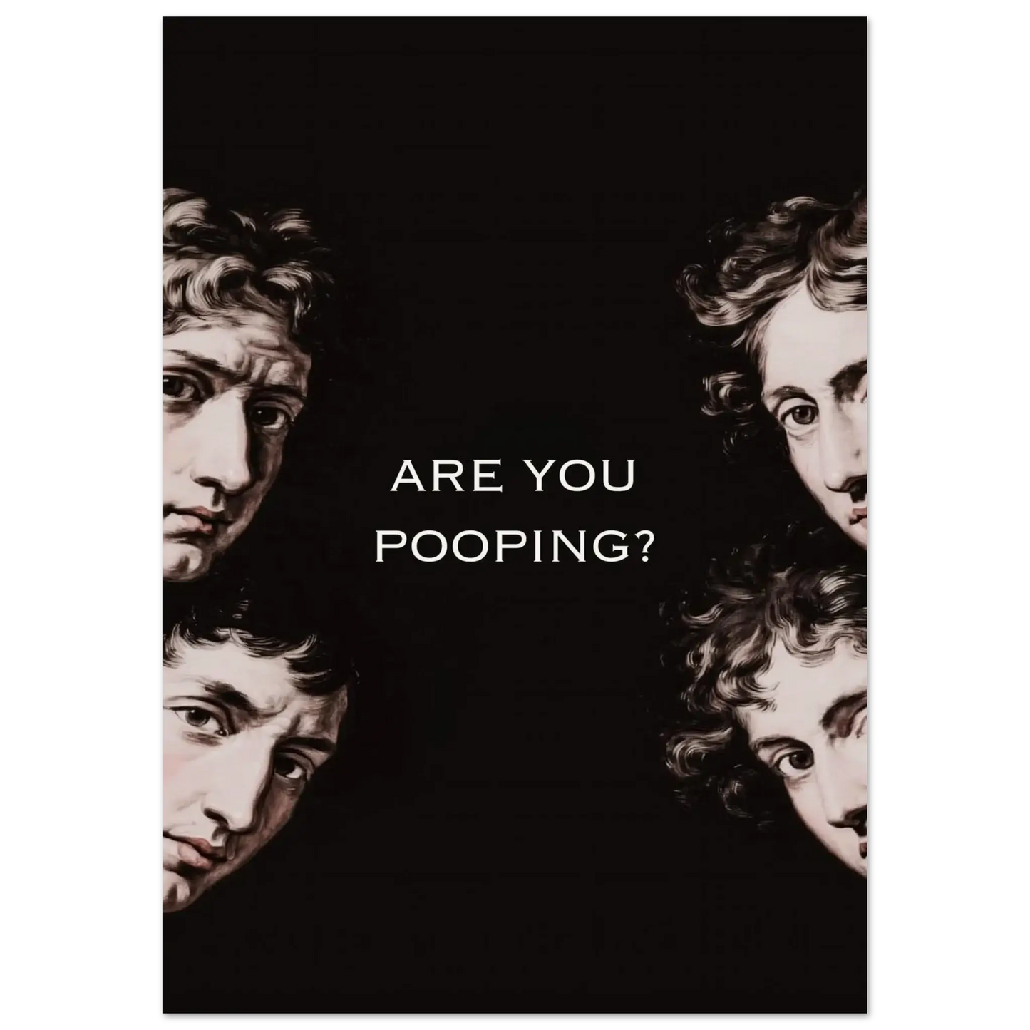 Are You Pooping poster featuring classical art faces, dark humor bathroom decor