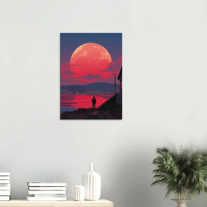 Crimson Moon Over the Sea canvas art with oversized moon rising over calm waters, evoking solitude and reflection in deep red tones.