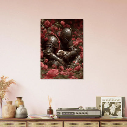 Surreal medieval love poster with knight in armor holding dog among roses, blending strength and tenderness for dark fantasy interiors.