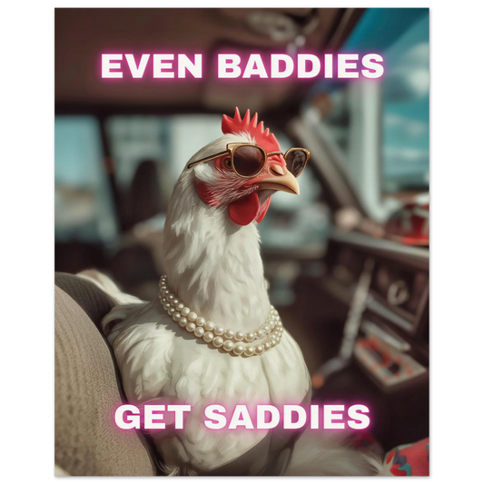 Even Baddies Get Saddies - Funny chicken wall art with sunglasses, pearls, and attitude.